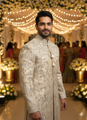 Regal Bandhgala Sherwani: Ivory With Confident Gold Detailing