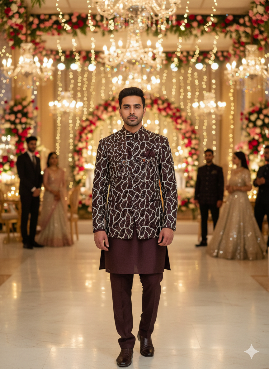 Lyte Club Mens Indo Western 3Pcs Set 27629 Wine