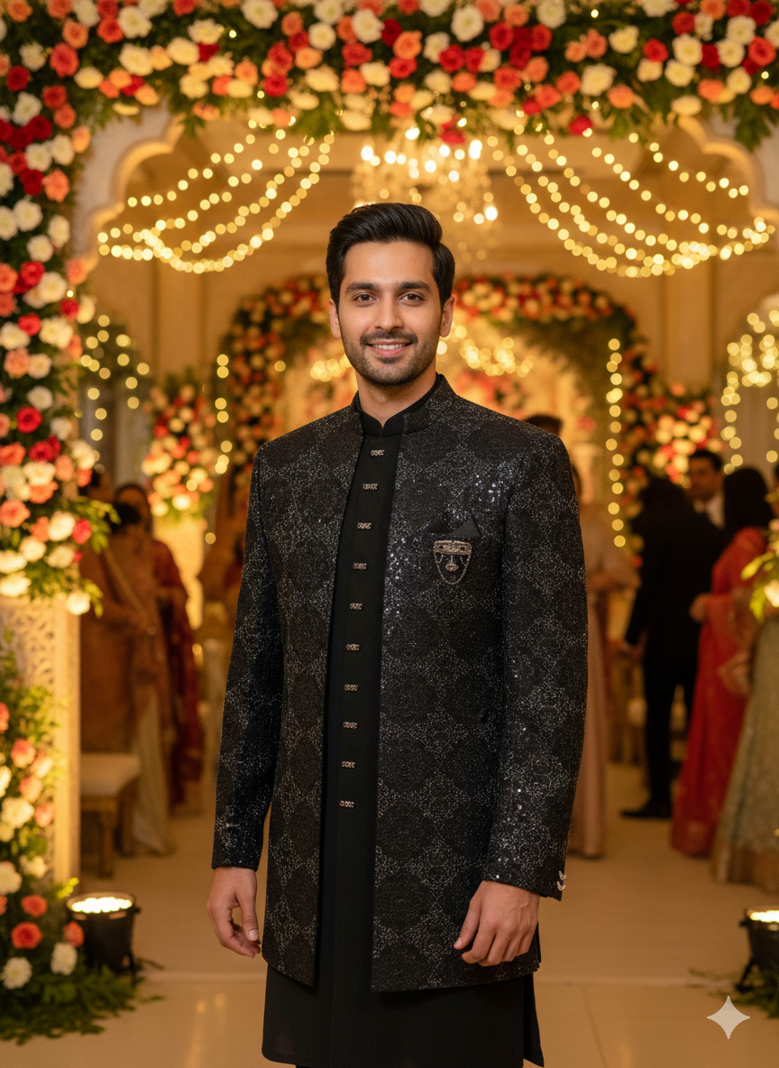 Cinematic Black Sherwani Style Bandhgala On An Indian Groom