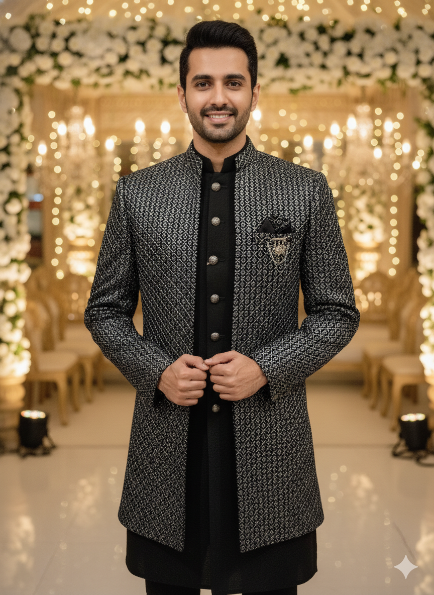 Regal Black Sherwani-Style Bandhgala For The Modern Indian Groom