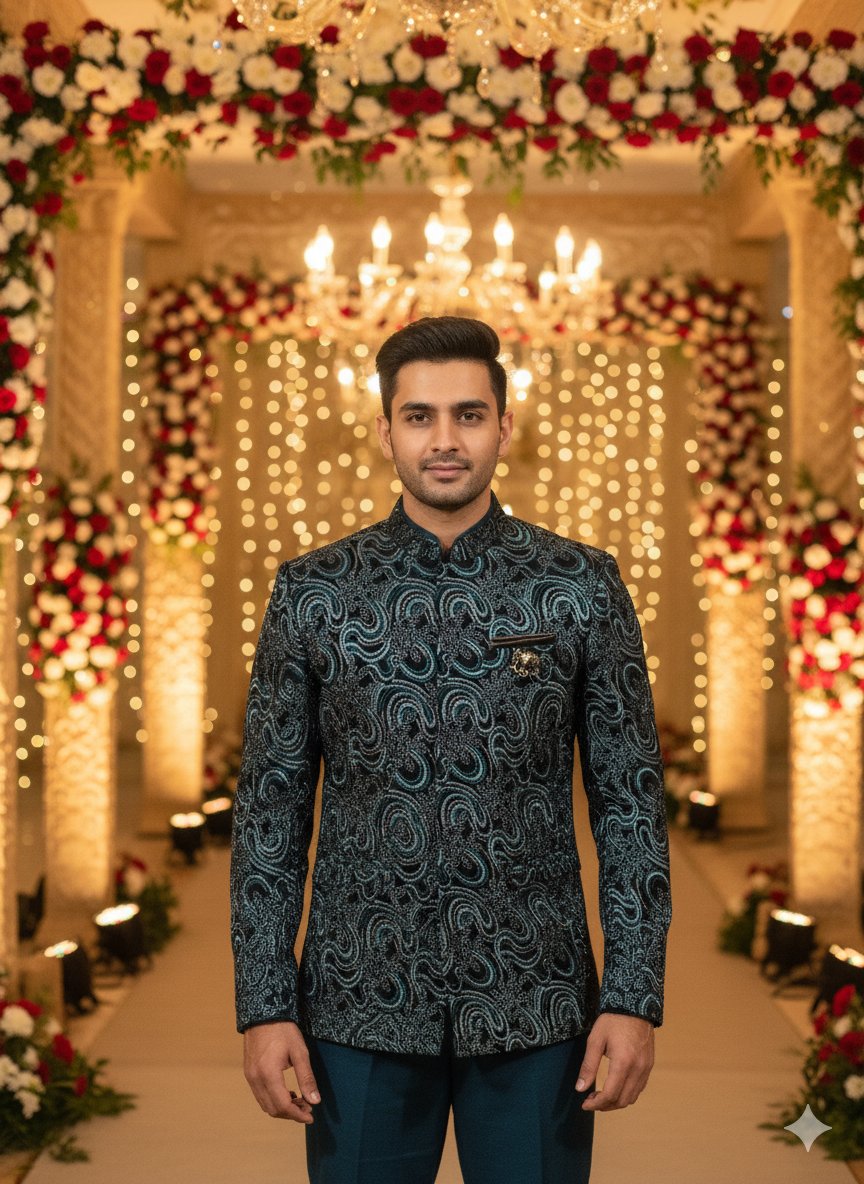 Lyte Club Mens Coat Suit Jodhpuri 3Pcs Set 2594 D.Green