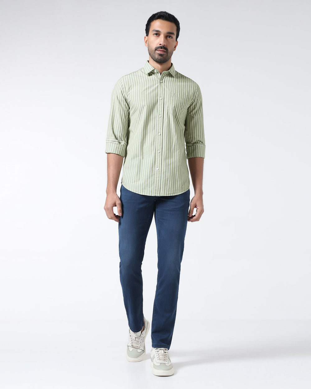 Blackberry men's green stripe casual shirt from Hamber with a classic button-up design and collar, displayed on a hanger.