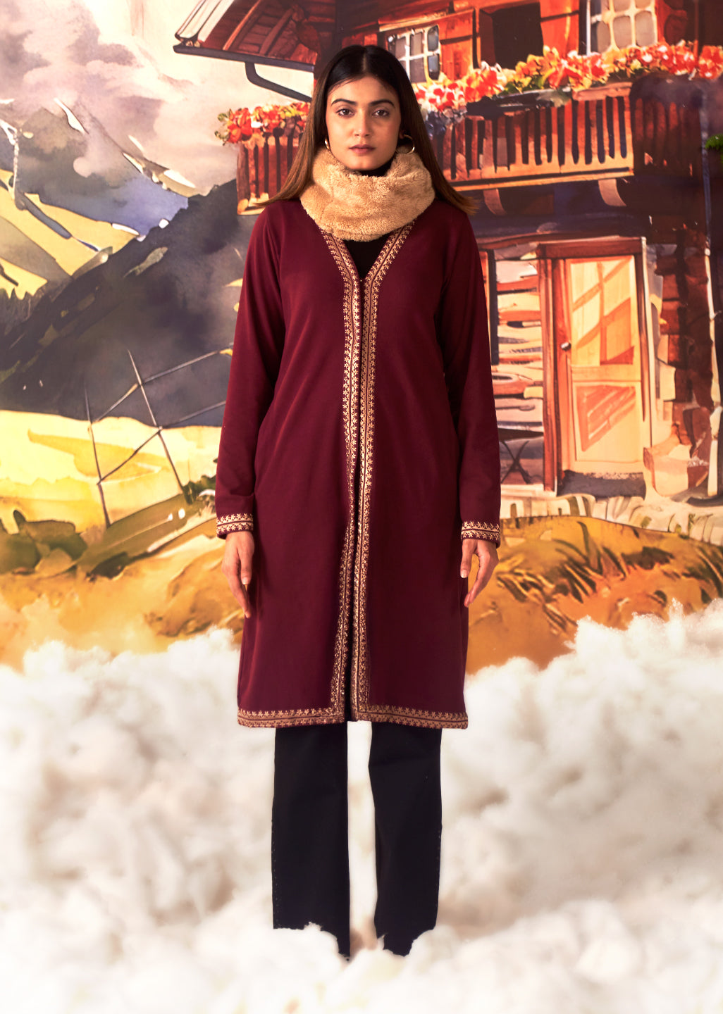 Jia Maroon Embroidered Brushed Wool Shrug For Women