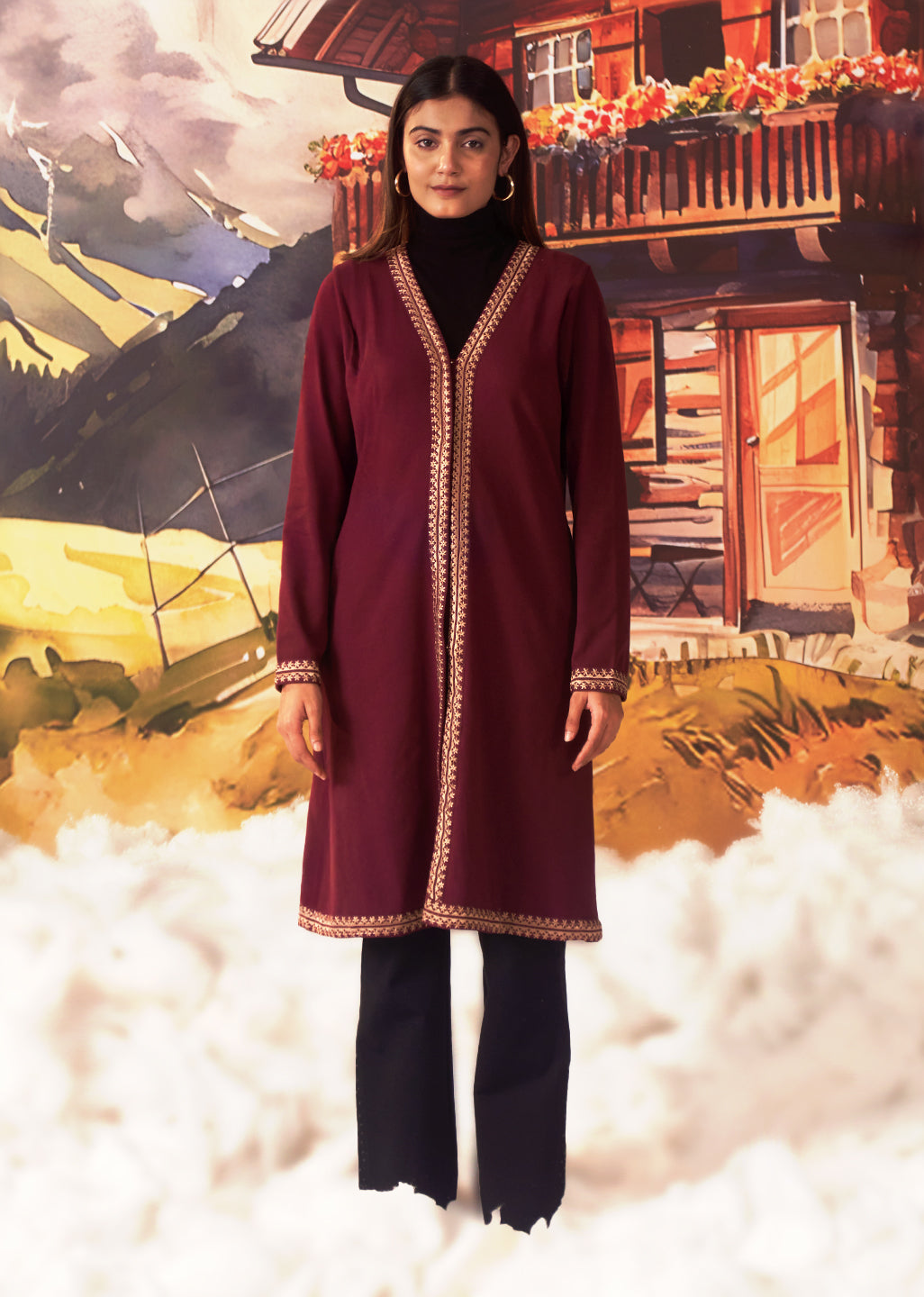 Jia Maroon Embroidered Brushed Wool Shrug For Women