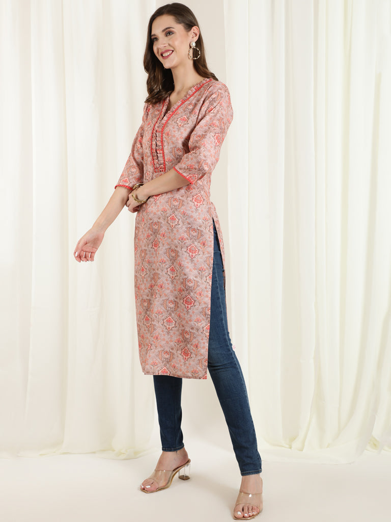 Ethnic Printed Peach Straight Kurta With Lace