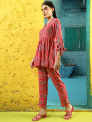Pink Paisley Printed Peplum Short Kurta With Pants Co-Ord Set