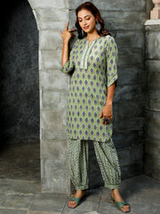 Olive Green Ethnic Motif Printed Straight Kurta With Zig-Zag Printed Afghani Salwar