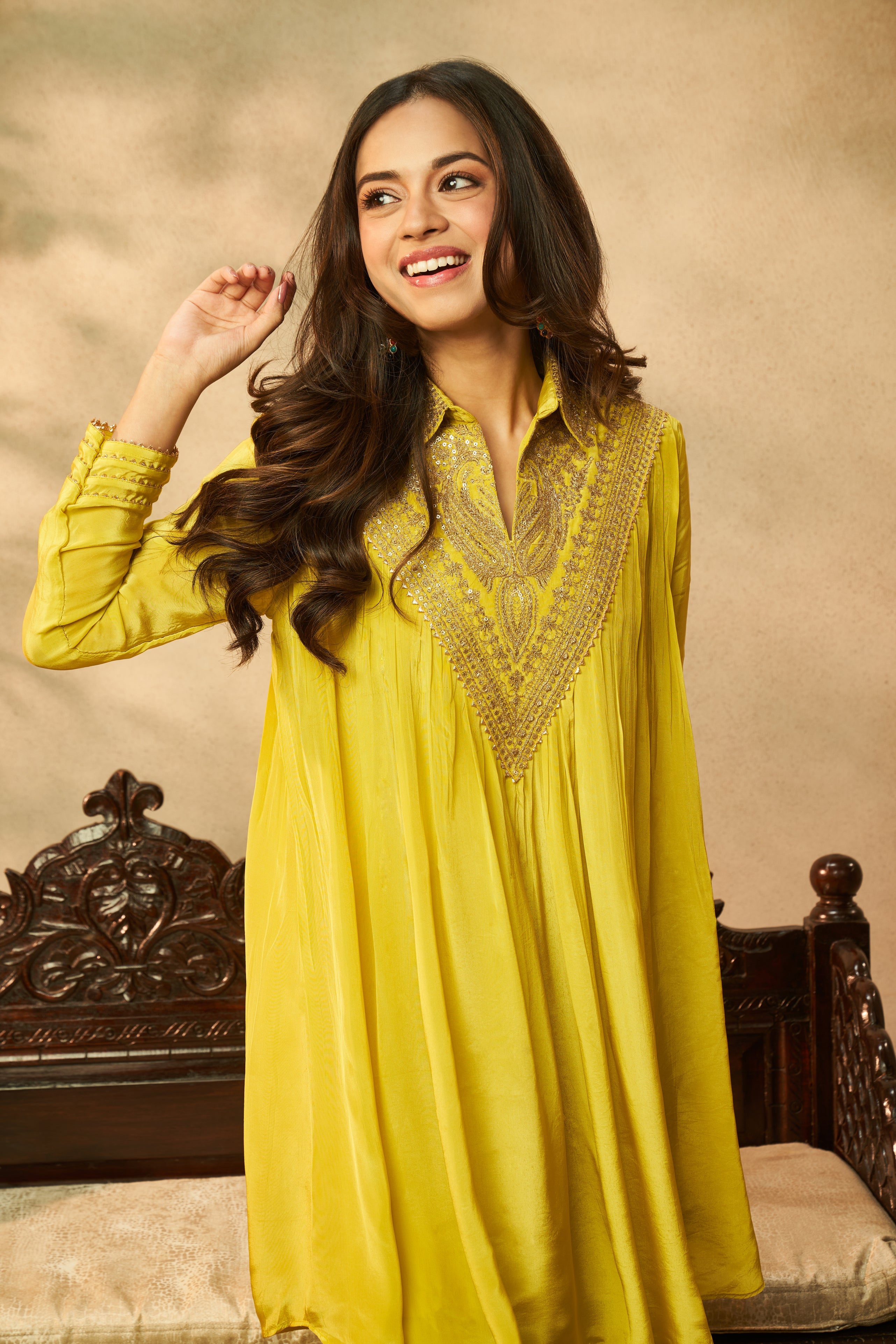 Neon Yellow Pure Crepe Embroidered Co-Ord Set