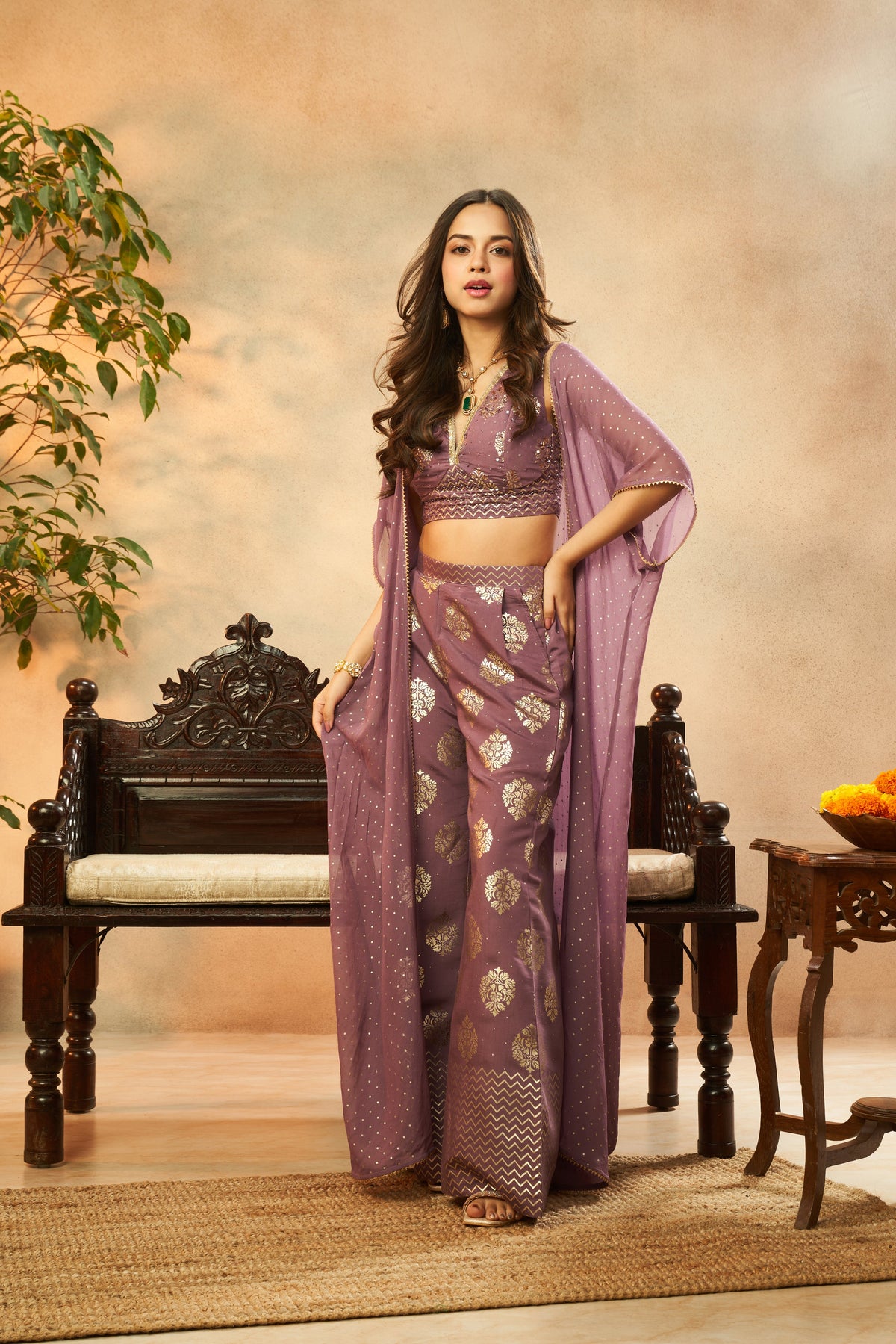 Ladies Dark Lilac Muslin Foil Print Crop Top, Palazzo & Shrug Set