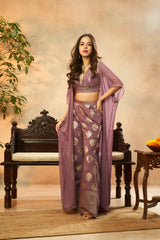 Ladies Dark Lilac Muslin Foil Print Crop Top, Palazzo & Shrug Set