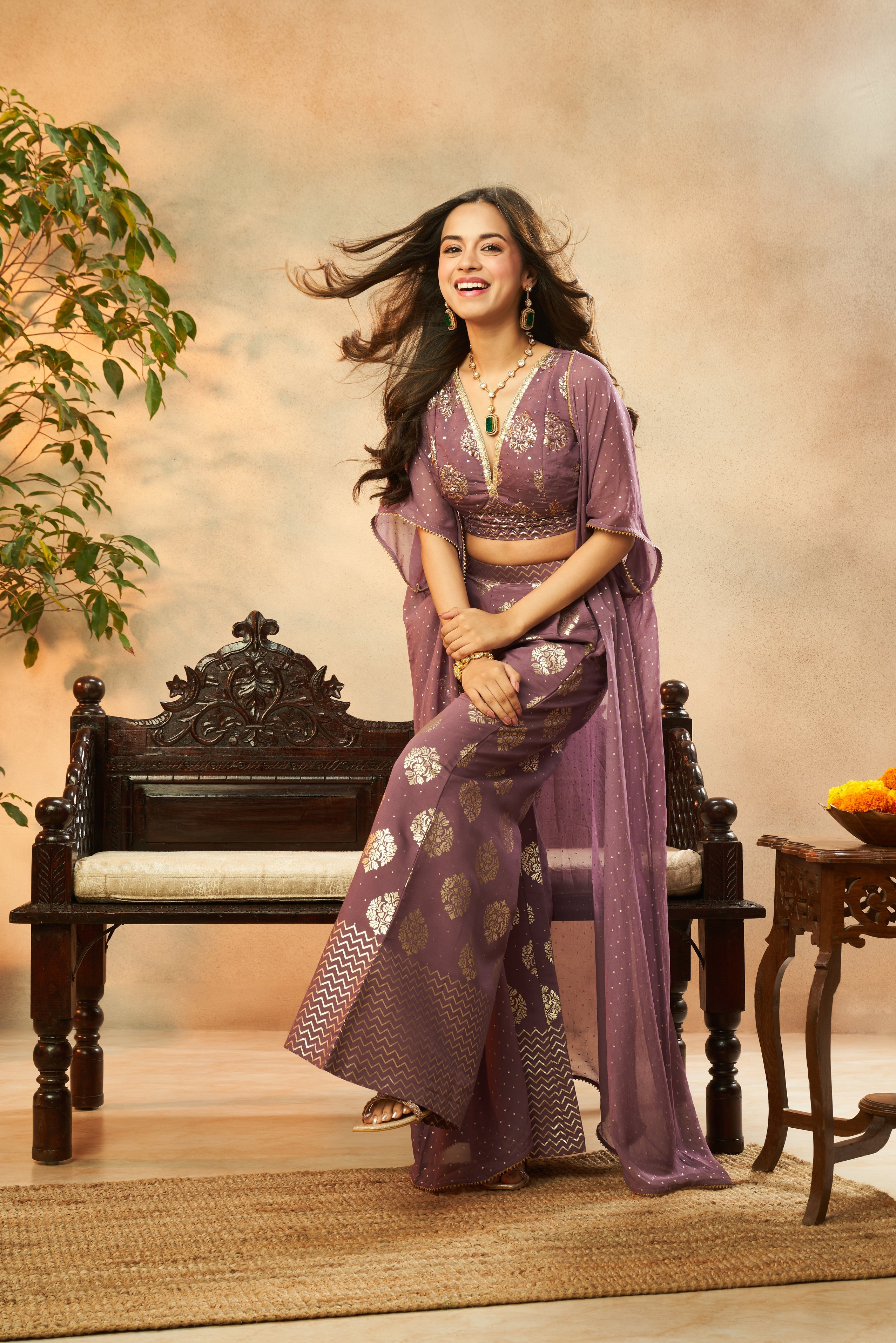 Ladies Dark Lilac Muslin Foil Print Crop Top, Palazzo & Shrug Set