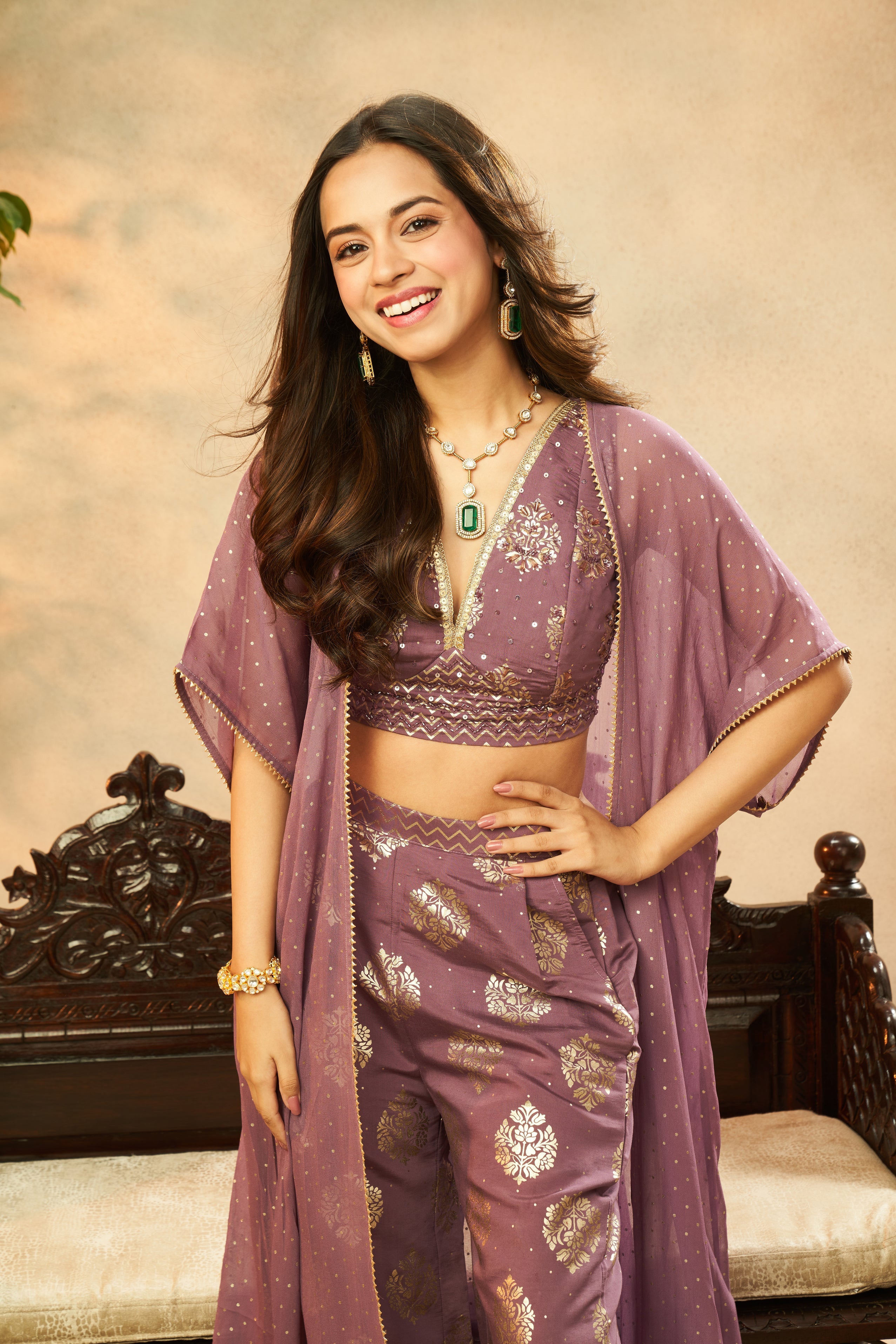 Ladies Dark Lilac Muslin Foil Print Crop Top, Palazzo & Shrug Set