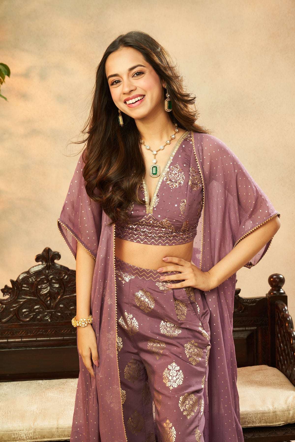 Ladies Dark Lilac Muslin Foil Print Crop Top, Palazzo & Shrug Set