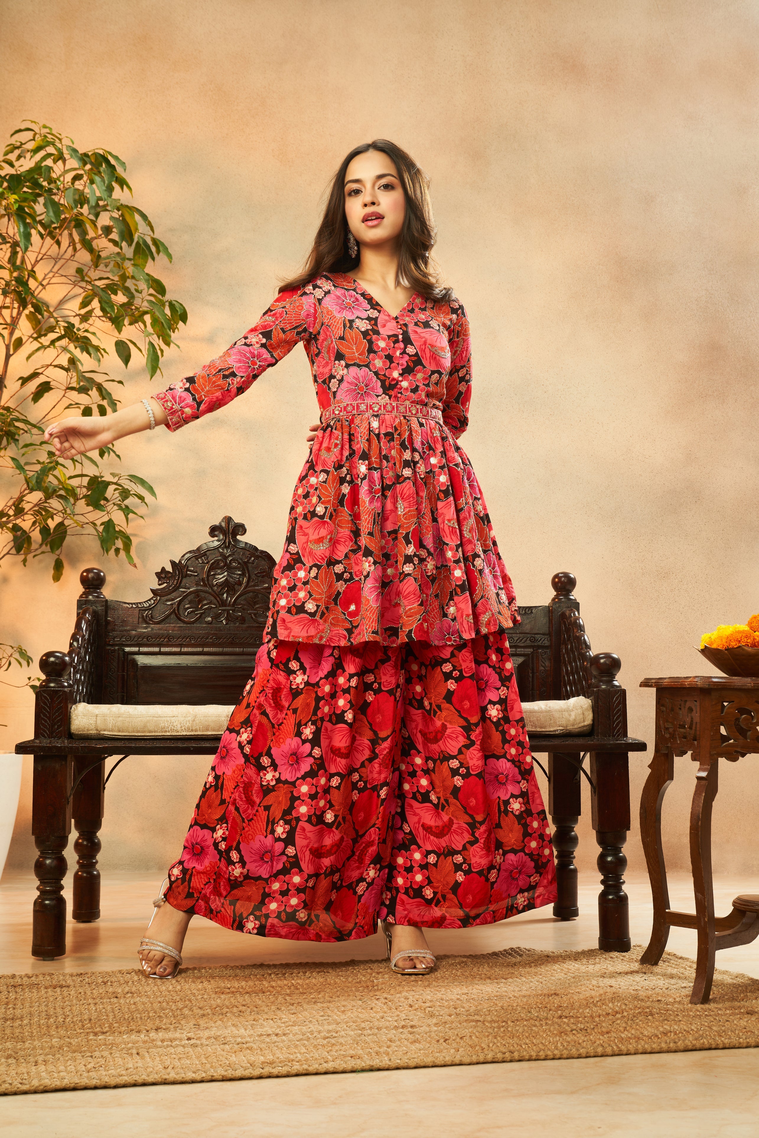 Bold Pink Chinon Kurta & Palazzo Set With Chic Belt