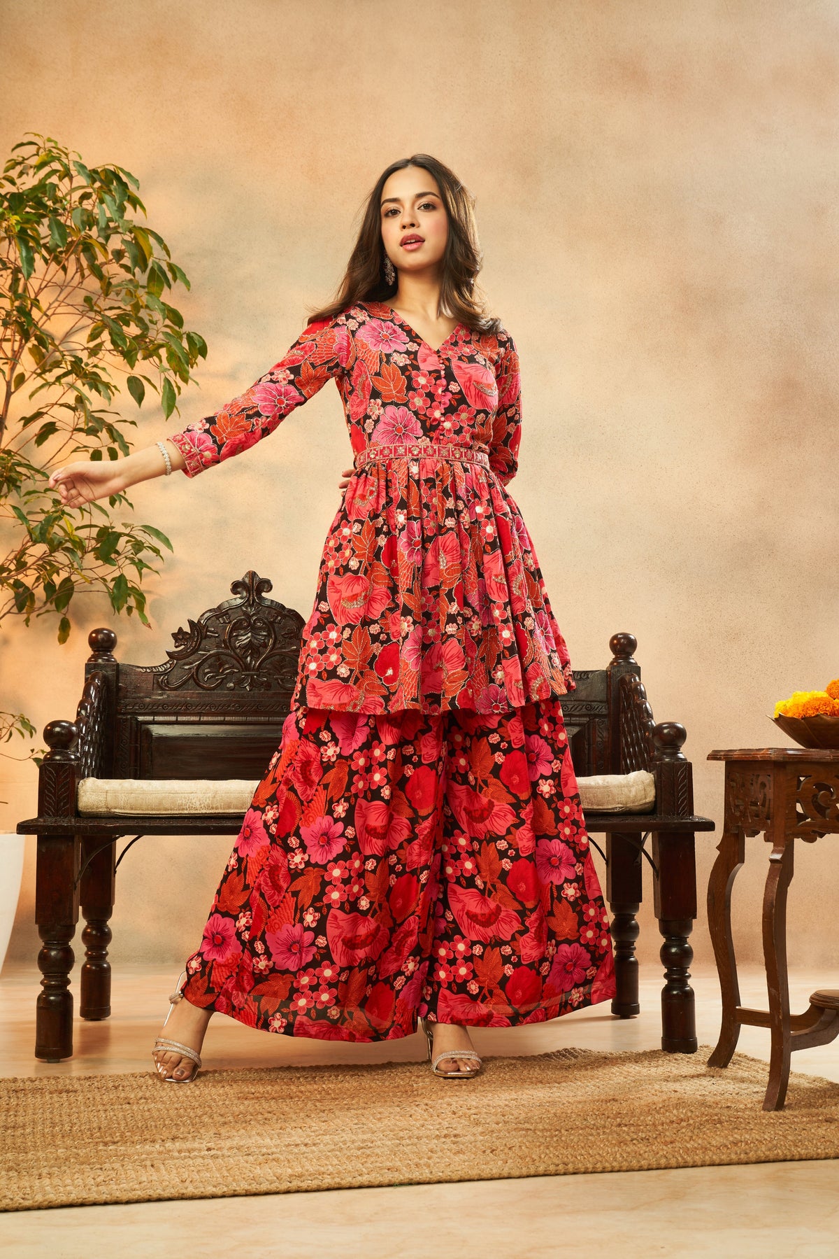 Bold Pink Chinon Kurta & Palazzo Set With Chic Belt
