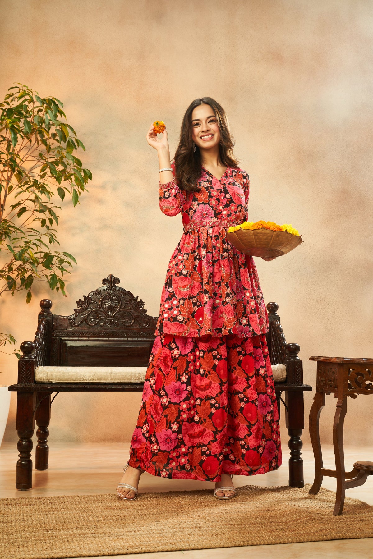 Bold Pink Chinon Kurta & Palazzo Set With Chic Belt