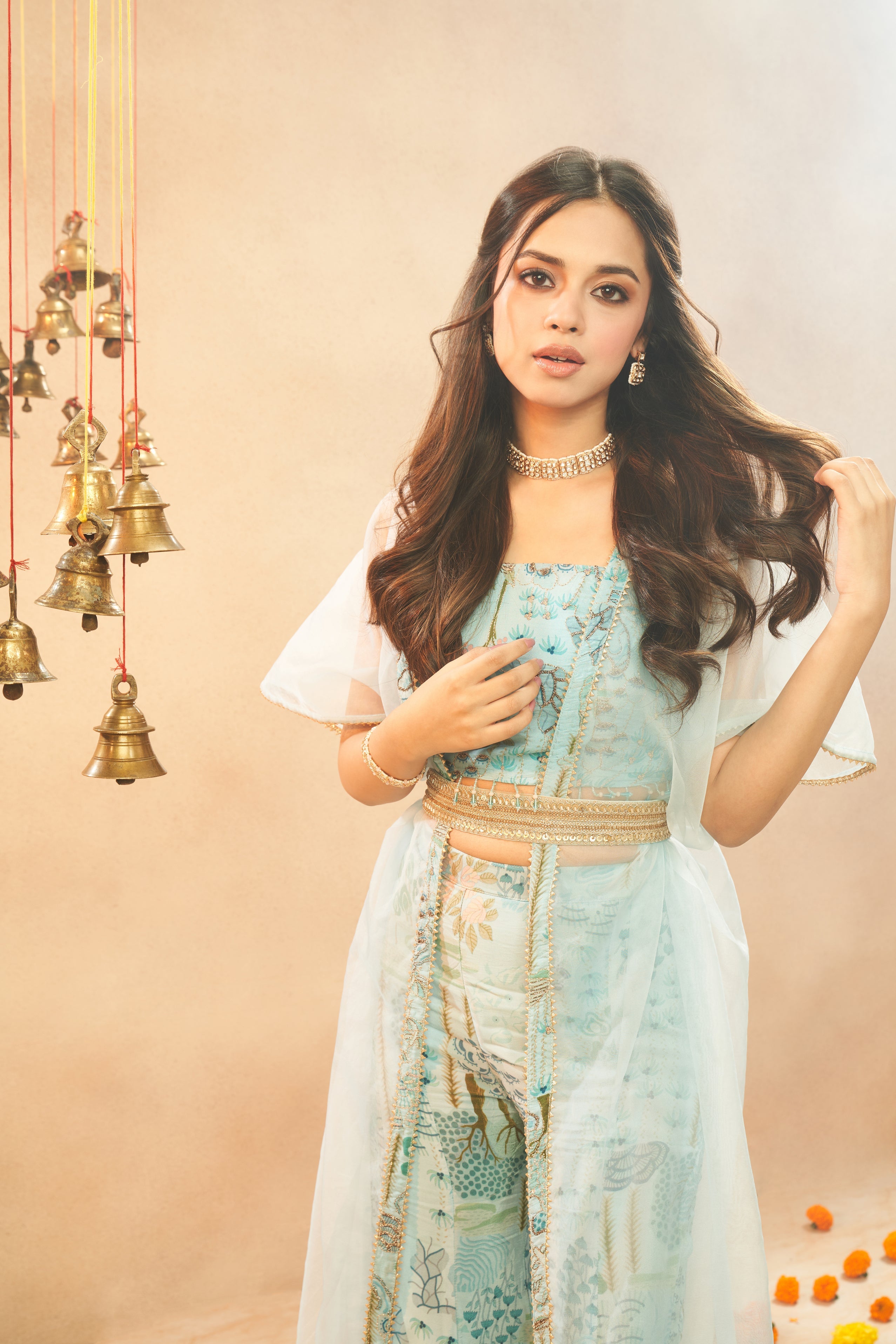 Ladies Light Cyan Crop Top With Viscose Muslin Digital Print Palazzo And Organza Shrug