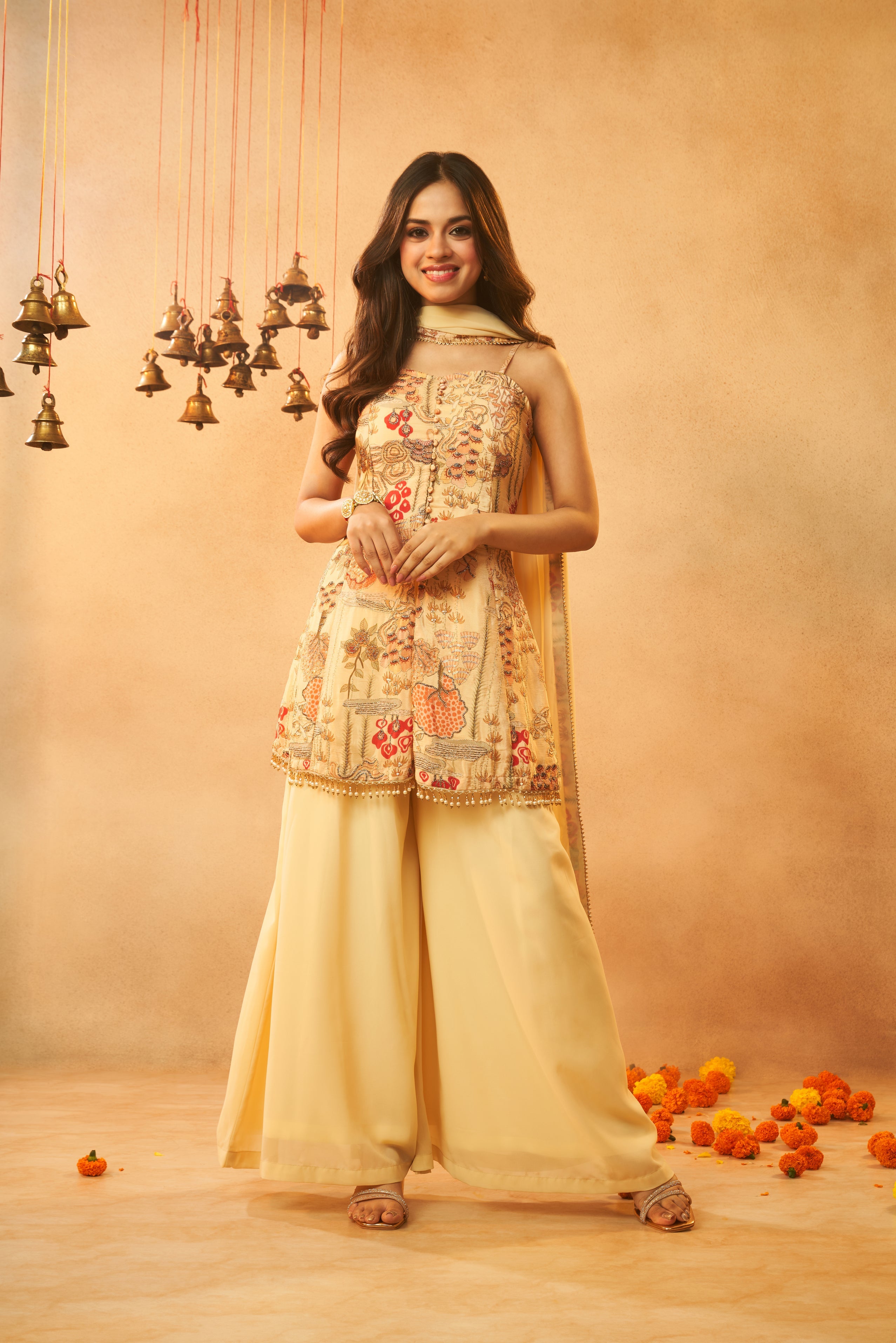 Ladies Light Yellow Festive Wear Kurta, Skirt & Dupatta Set
