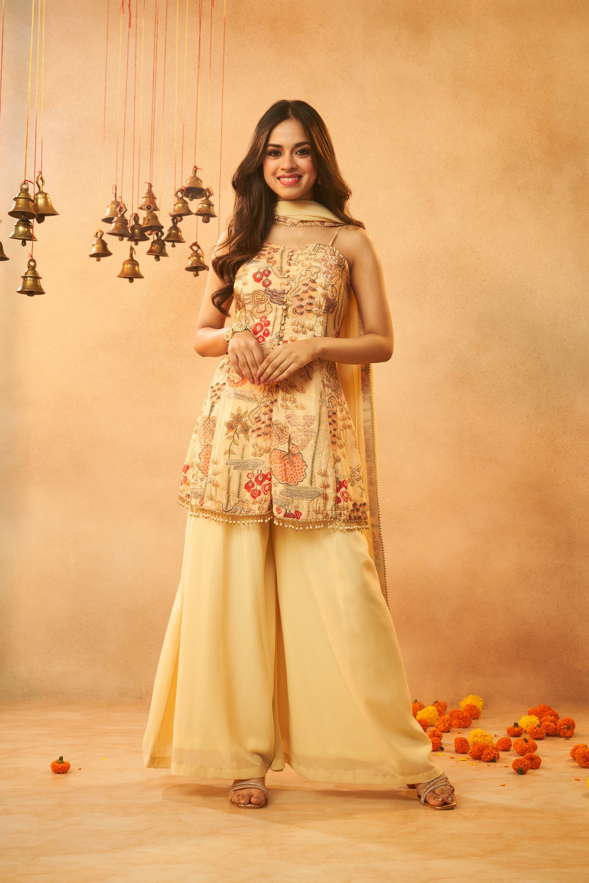 Ladies Light Yellow Festive Wear Kurta, Skirt & Dupatta Set