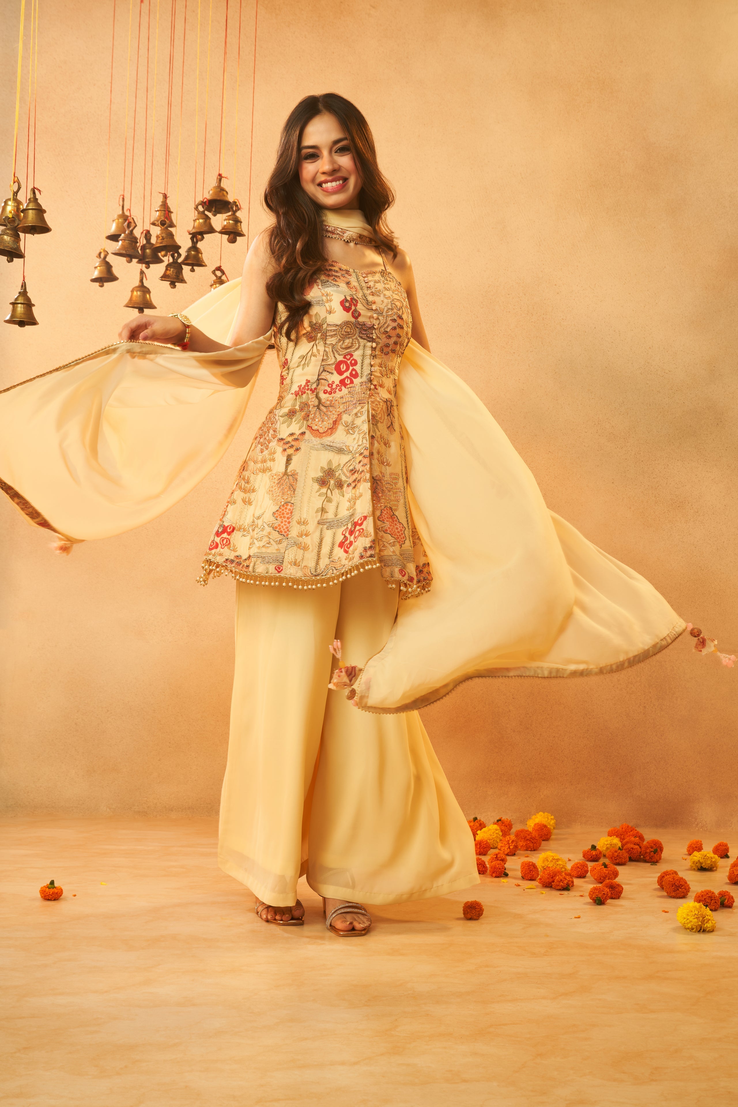 Ladies Light Yellow Festive Wear Kurta, Skirt & Dupatta Set