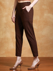 Brown Solid Cotton Slub Straight Pants