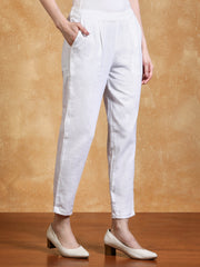 White Solid Cotton Slub Straight Pants