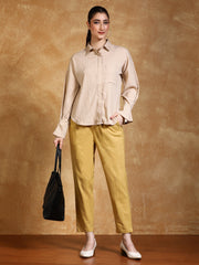 Cream Solid Cotton Slub Straight Pants