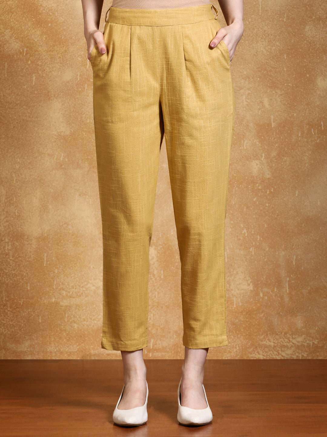 Cream Solid Cotton Slub Straight Pants