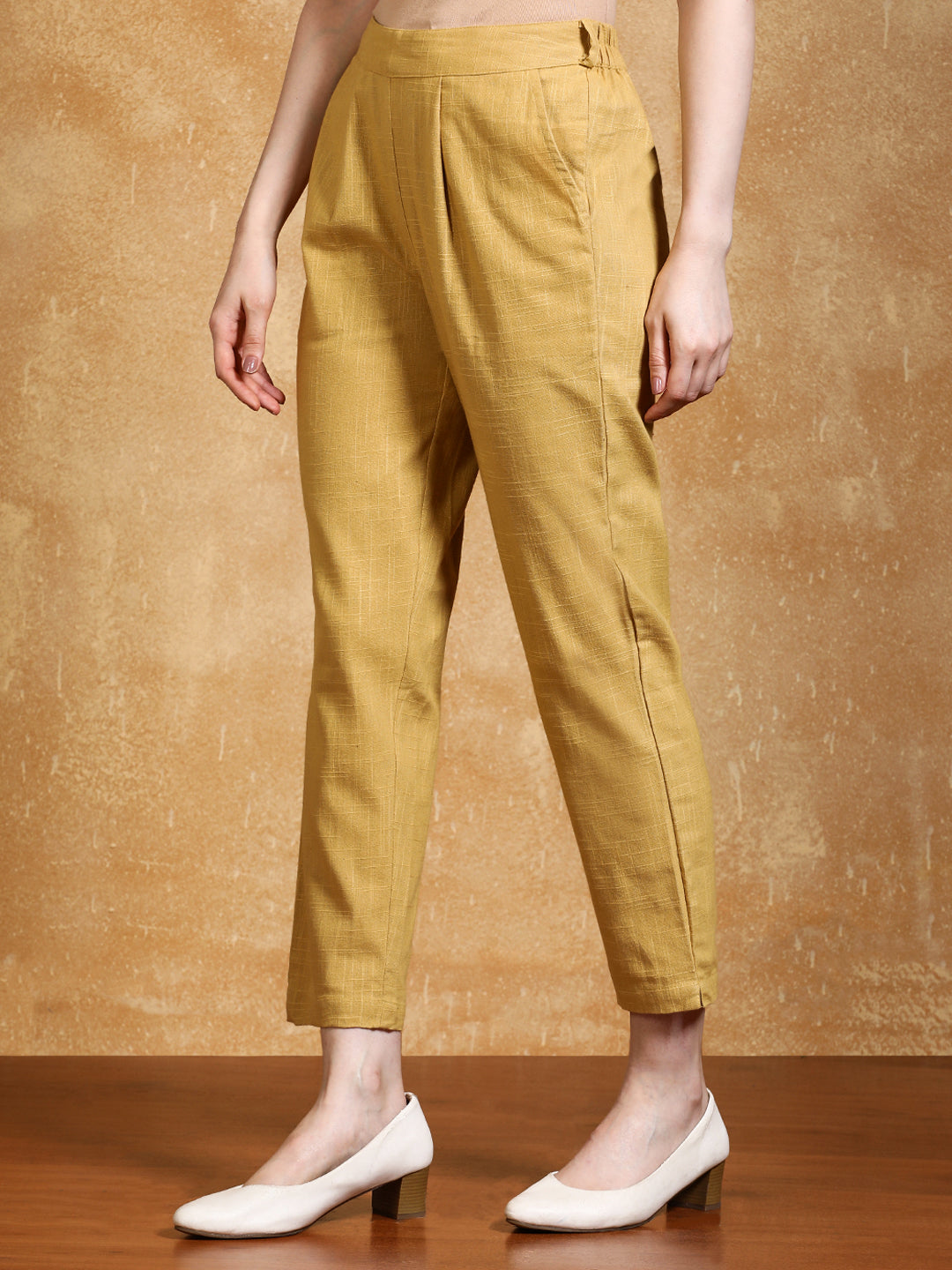Cream Solid Cotton Slub Straight Pants