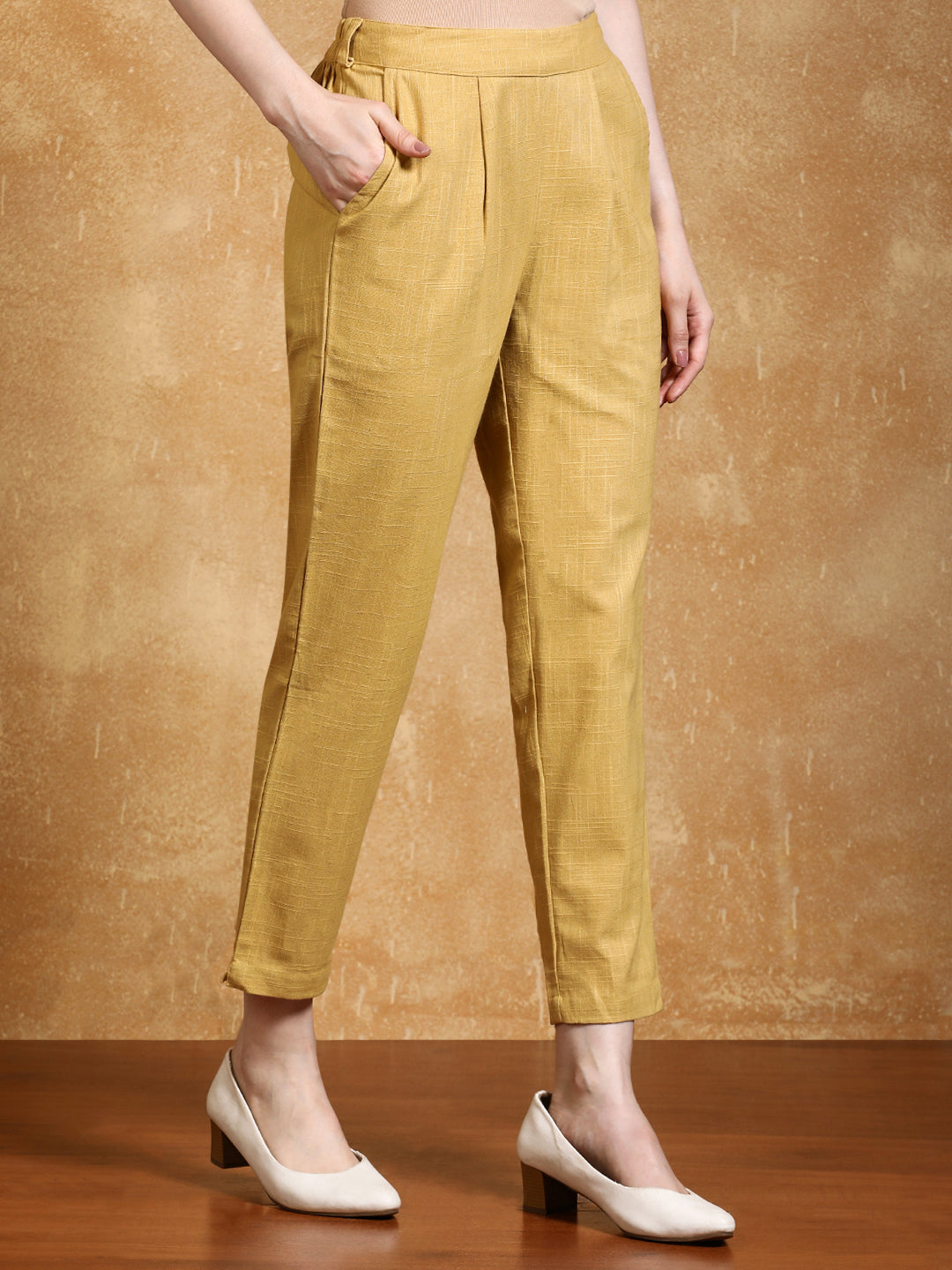 Cream Solid Cotton Slub Straight Pants