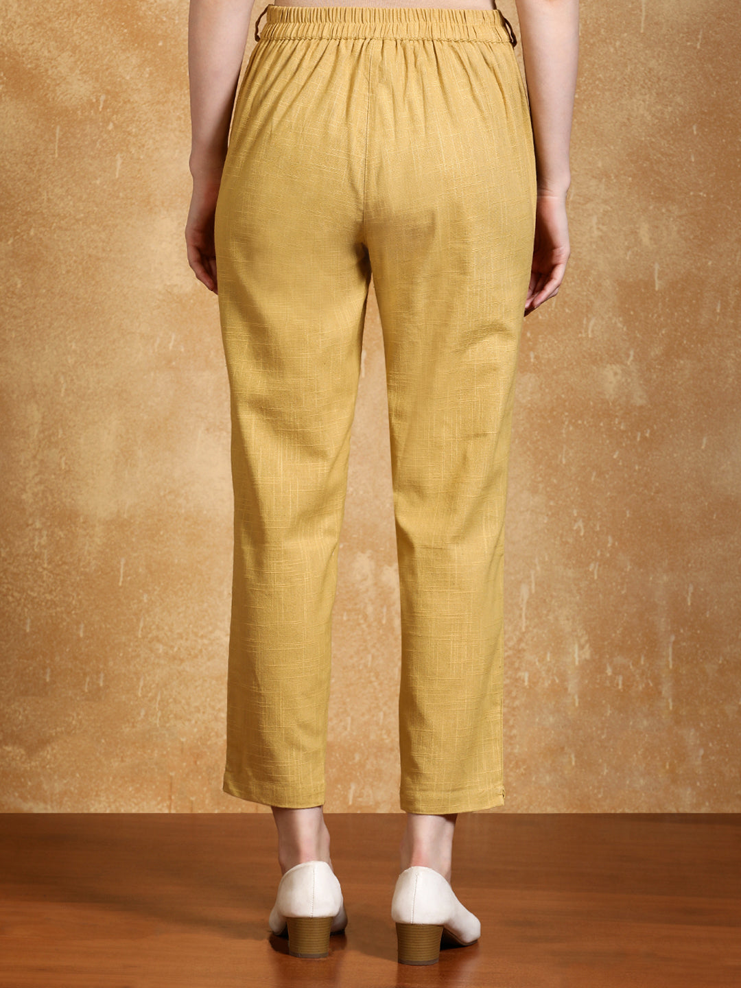 Cream Solid Cotton Slub Straight Pants