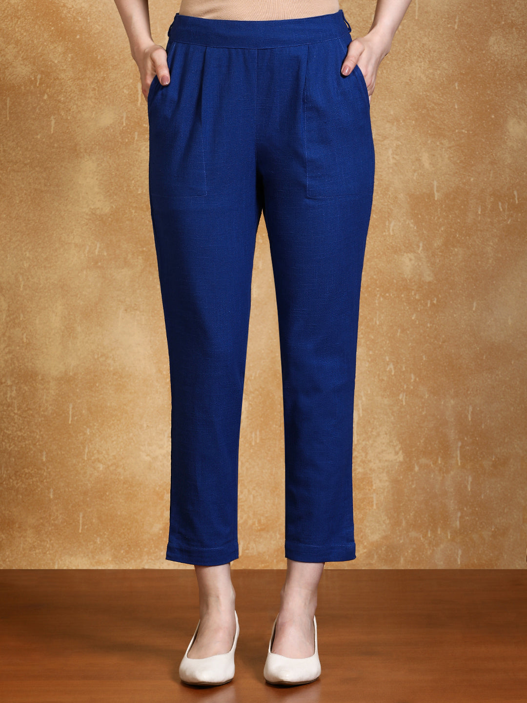 Blue Solid Cotton Slub Straight Pants
