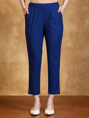 Blue Solid Cotton Slub Straight Pants