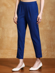 Blue Solid Cotton Slub Straight Pants