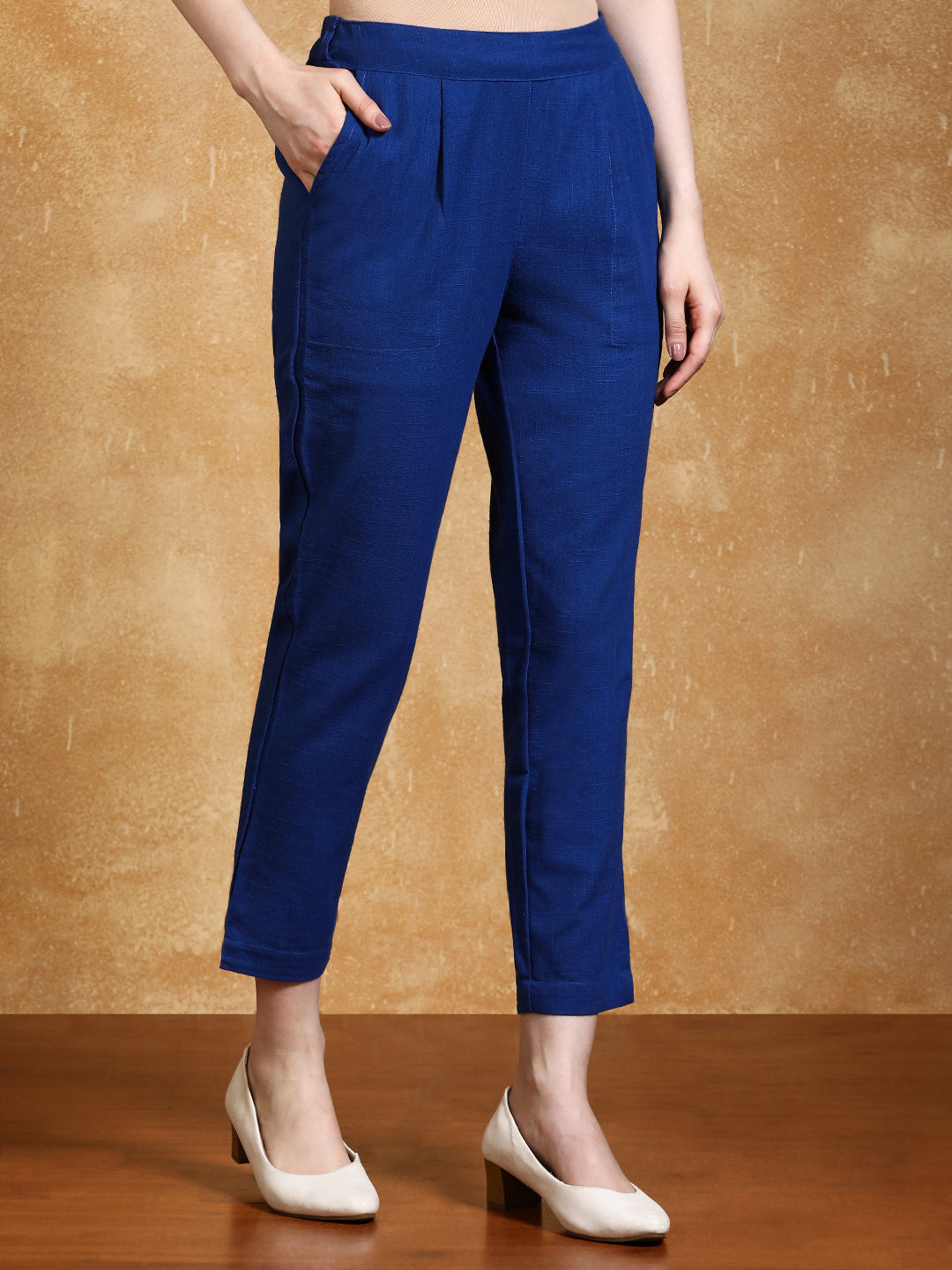 Blue Solid Cotton Slub Straight Pants