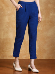 Blue Solid Cotton Slub Straight Pants