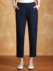 Royal Blue Solid Cotton Slub Straight Pants