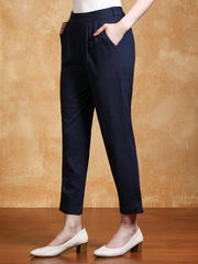 Royal Blue Solid Cotton Slub Straight Pants