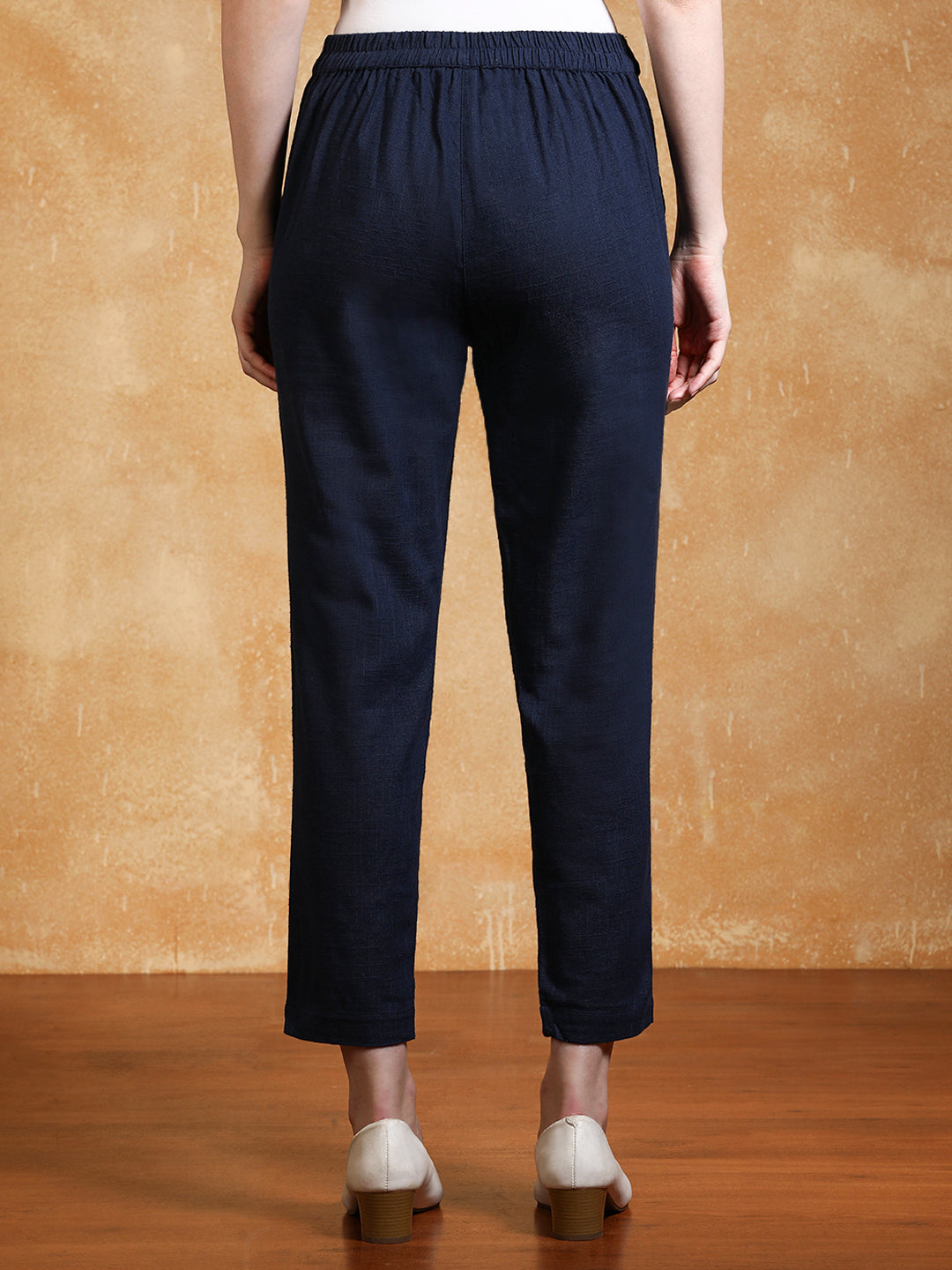 Royal Blue Solid Cotton Slub Straight Pants