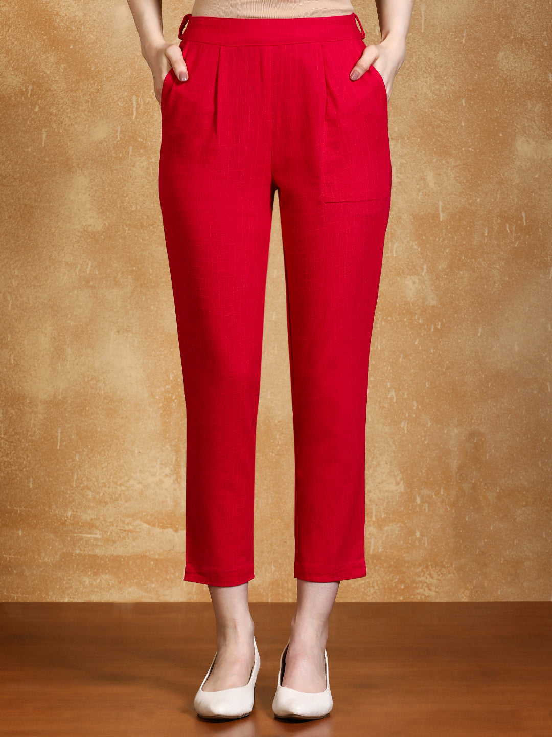 Rani Pink Solid Cotton Slub Straight Pants