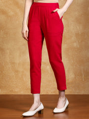 Rani Pink Solid Cotton Slub Straight Pants