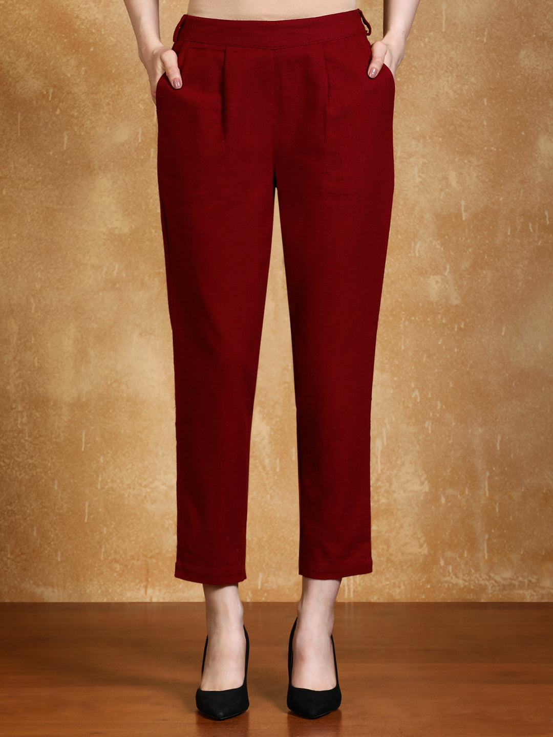 Maroon Solid Cotton Slub Straight Pants