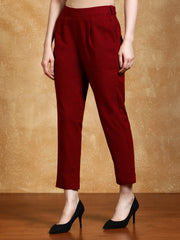 Maroon Solid Cotton Slub Straight Pants