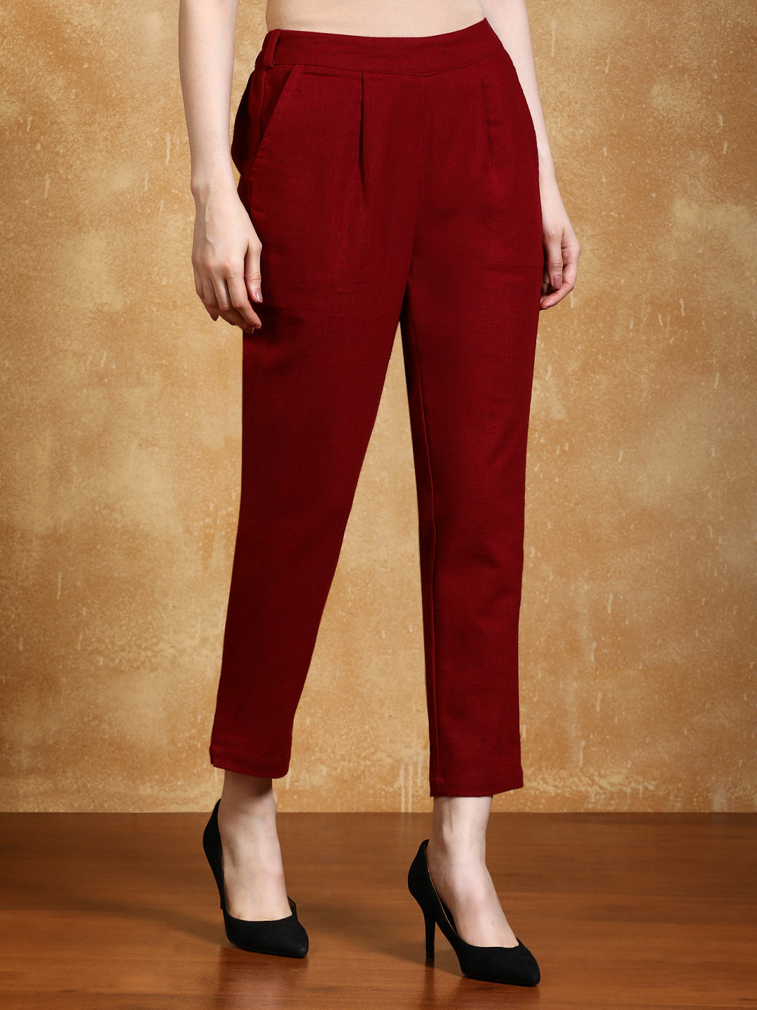 Maroon Solid Cotton Slub Straight Pants