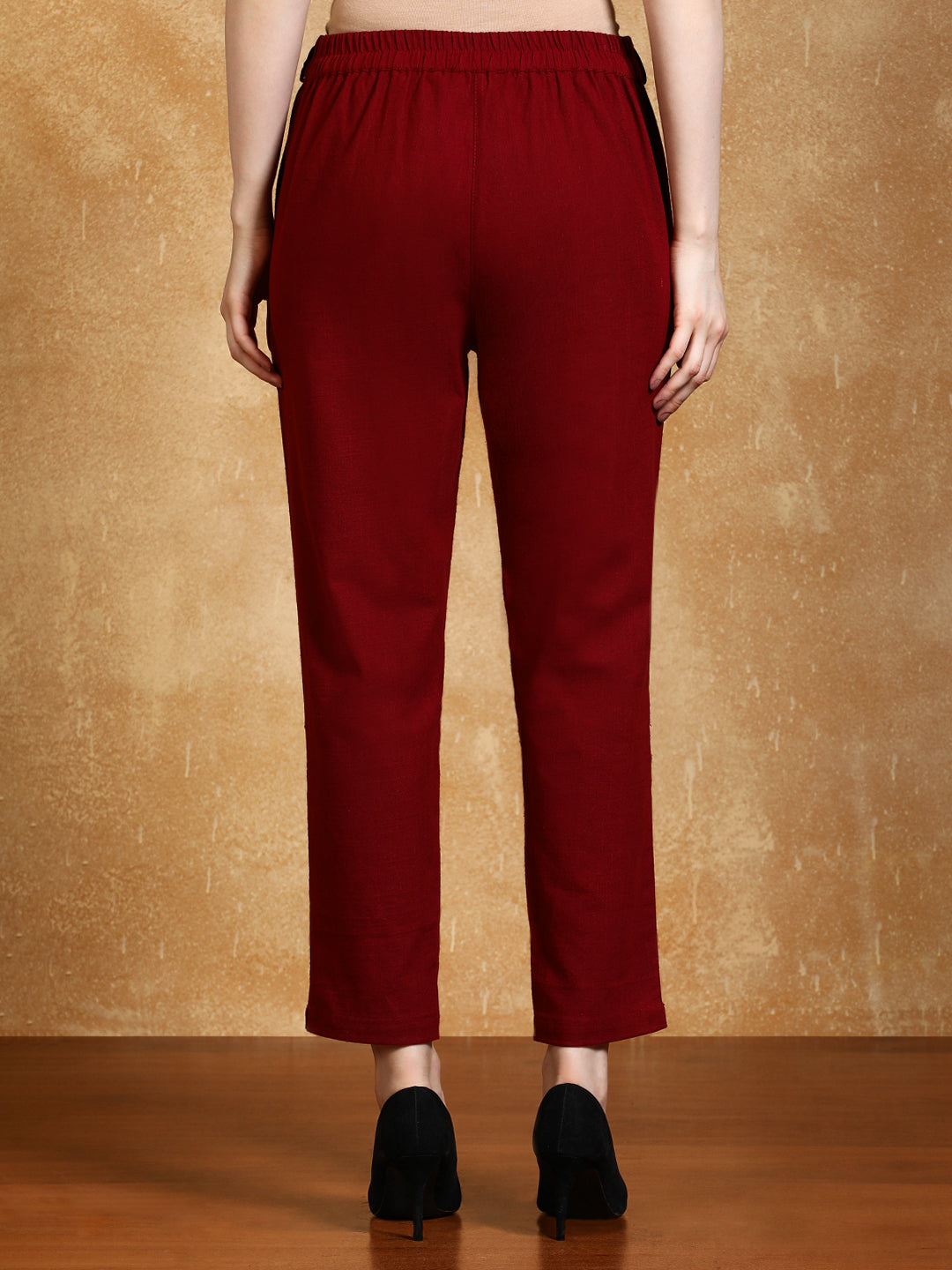 Maroon Solid Cotton Slub Straight Pants
