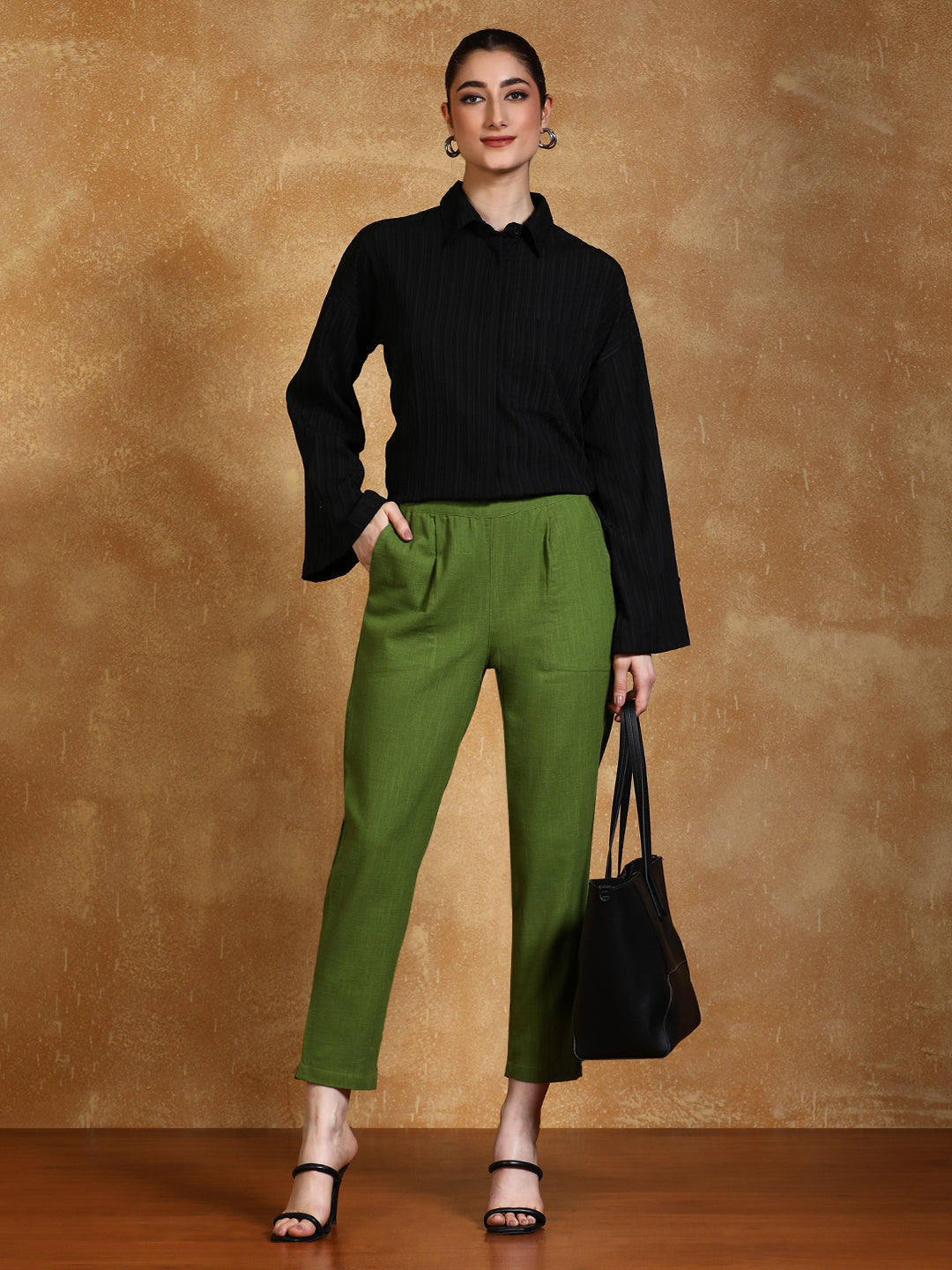 Olive Solid Cotton Slub Straight Pants