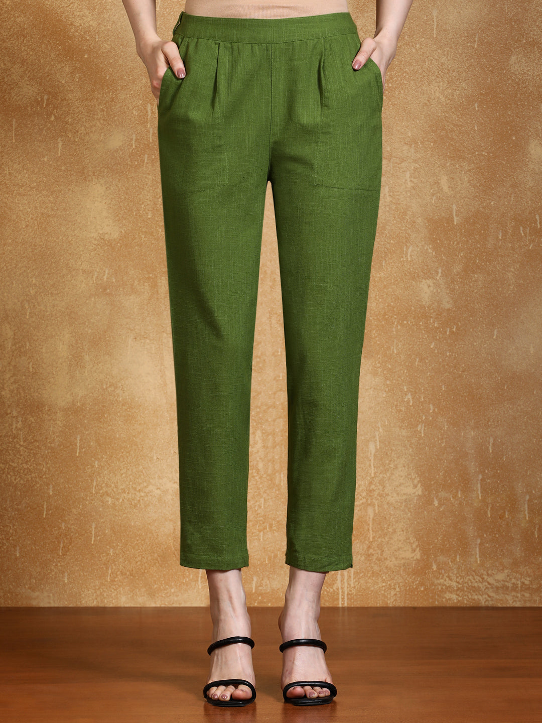 Olive Solid Cotton Slub Straight Pants