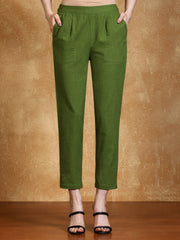 Olive Solid Cotton Slub Straight Pants