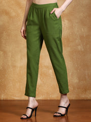 Olive Solid Cotton Slub Straight Pants