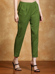 Olive Solid Cotton Slub Straight Pants